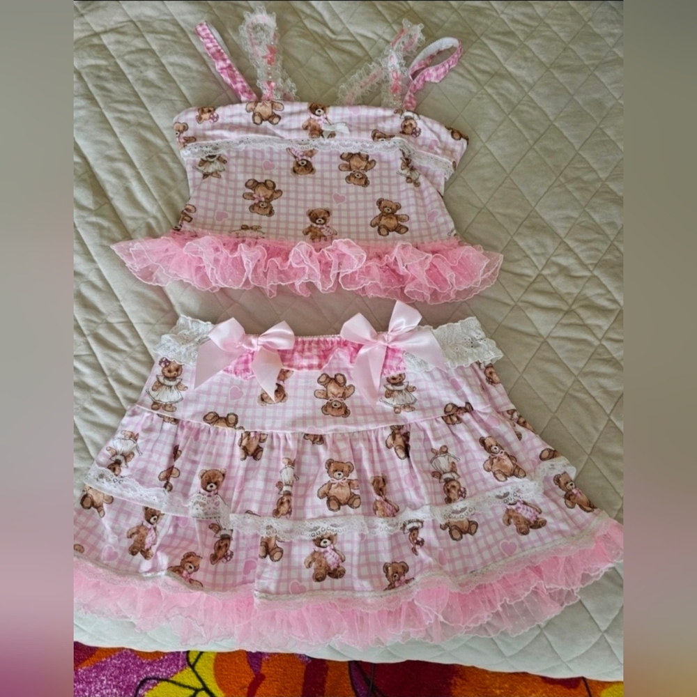 Classic kawaii lolita set skort and top with bears laces and bows size L y2k
